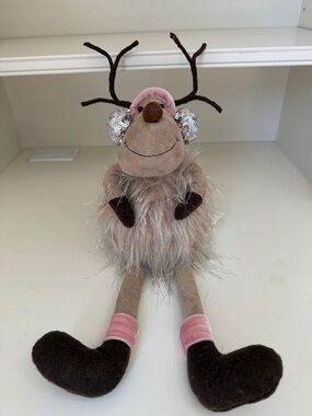 Plush Reindeer Decor with Sequined Ear Muffs - Pink & Brown